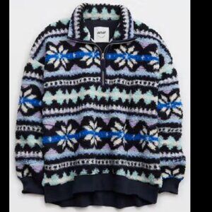 Aerie Hometown Holiday Quarter Zip Fleece/Sherpa Sweatshirt - Medium in Blue Hue